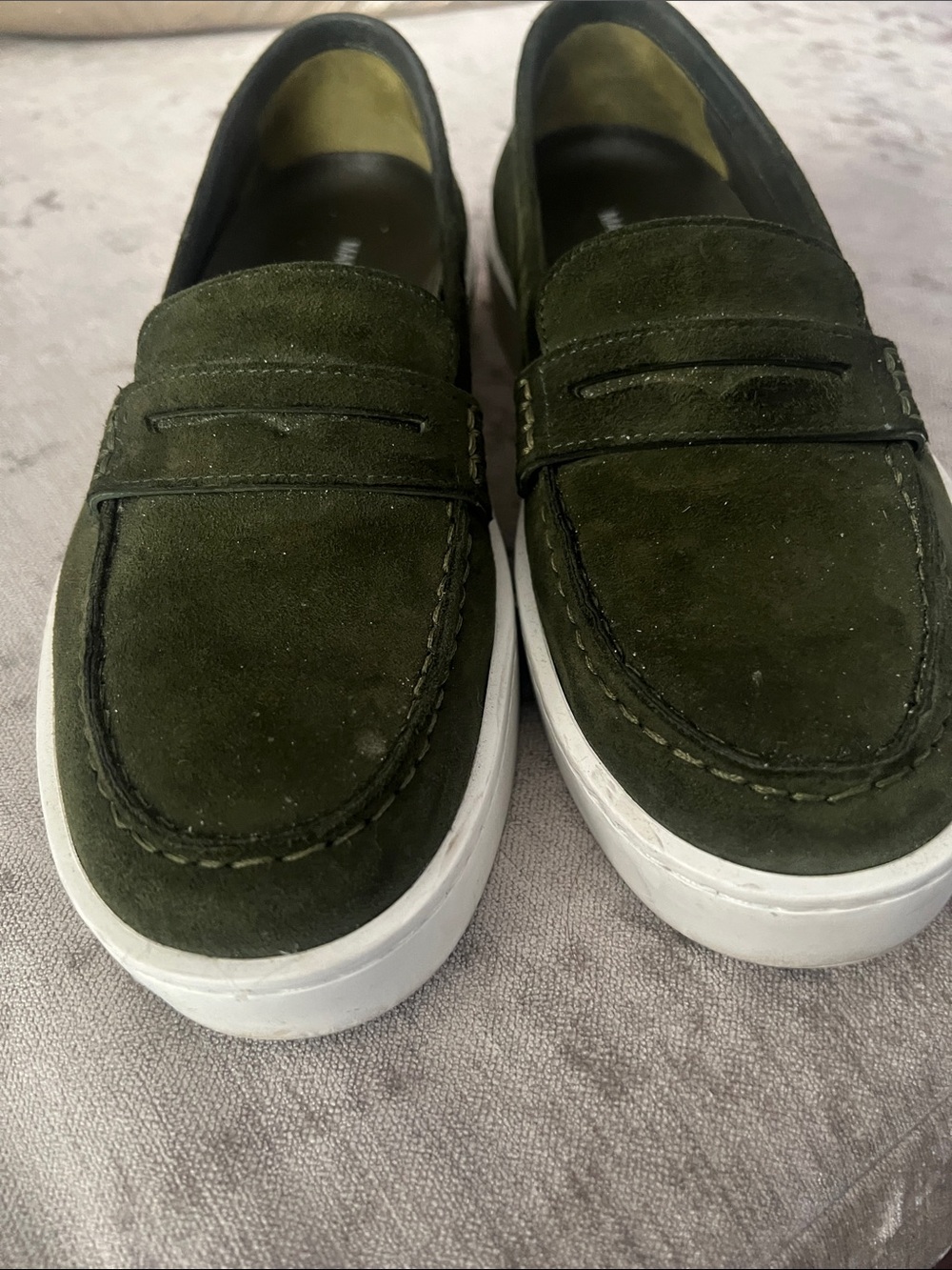 Manolo Blahnik Olive Green Suede Penny Loafers with White Soles